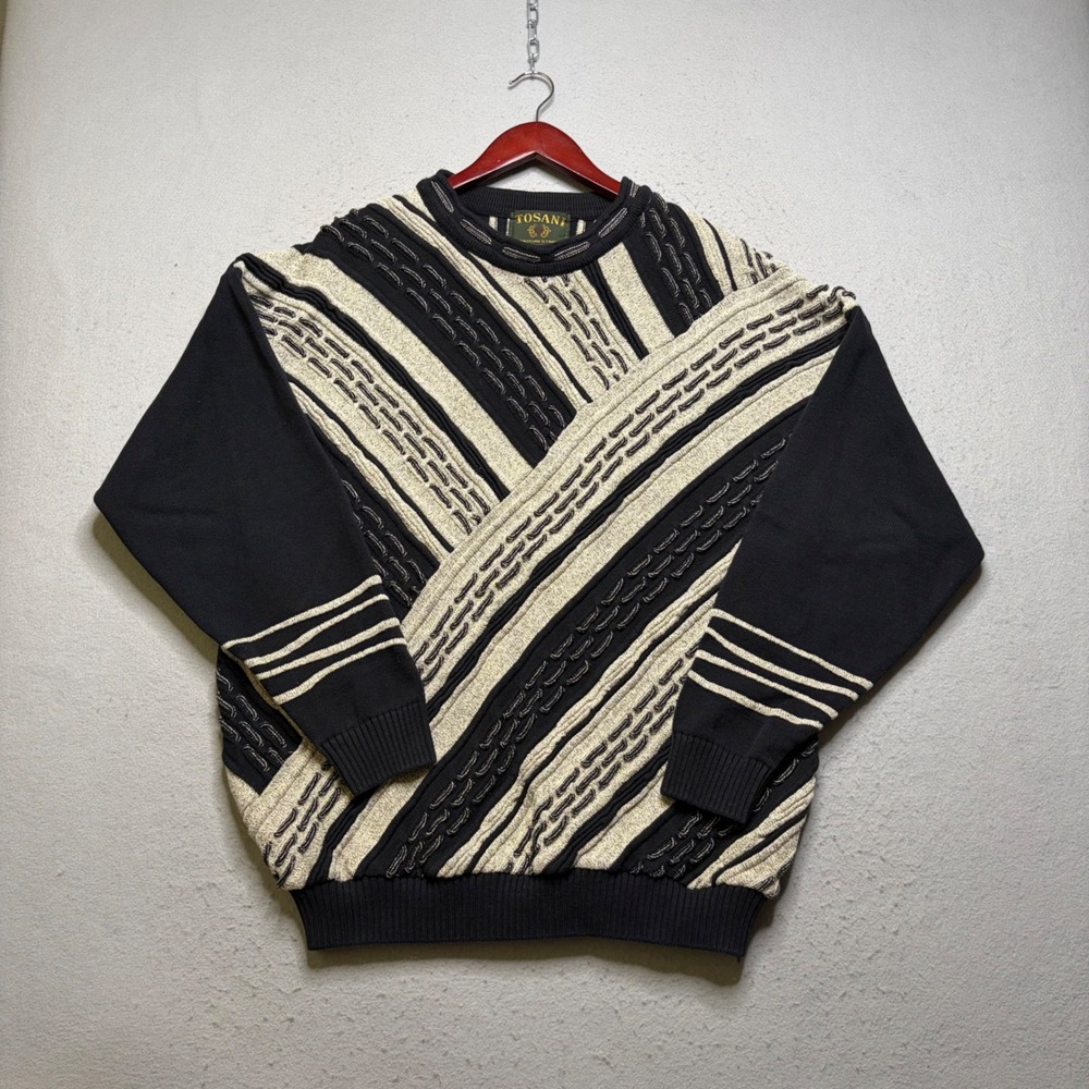 Tosani Sweater Mens XL Black Gray Vintage 90s Coogi Style Retro 3D Textured Knit